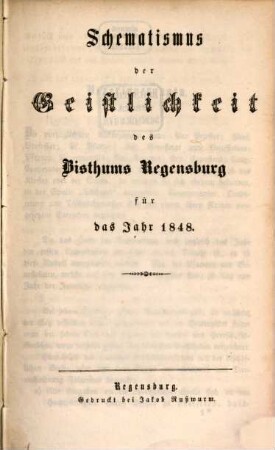 Schematismus des Bistums Regensburg. 1848, 1848
