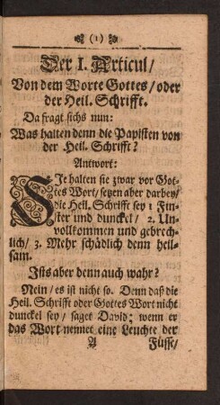 Der I. Articul/ Von dem Worte Gottes/ oder der Heil. Schrifft.