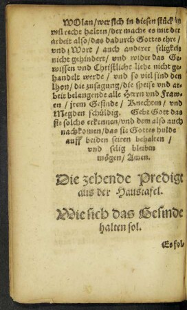 Die zehende Predigt aus der Haustafel. Wie sich das Gesinde halten sol.