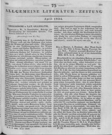 Schwenck, J. K.: Beitrag zur Wortforschung der lateinischen Sprache. Frankfurt am Main: Sauerländer 1833 (Beschluss von Nr. 74)