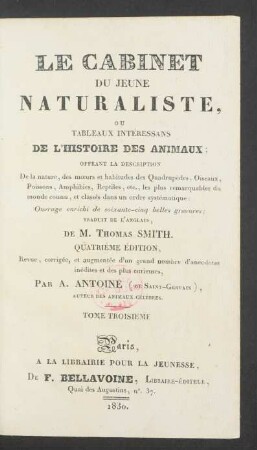 T. 3: Le Cabinet du jeune naturaliste, ou tableaux intéressans de l'histoire des animaux ...