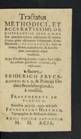 Tractatus || METHODICI, ET || ACCVRATISSIMI, DE || DIFFERENTIIS FERE OMNI-||bus, quae tàm ratione judiciorum & contra-||ctuum, quàm ultimarum voluntatum, & ma-||leficiorum, IVS ROMANVM, inter u-||trumq; sexum, masculorum, & femella-||rum, introduxit, atque || constituit.|| In quo scitu plaeraq; jucunda, cognitu haud diffici-||lia, utilitate quotidiana: occurrunt, atq;|| explicantur.|| Autore || FRIDERICO PRVCK=||MANNO, U.I.D. & Principi Ele=||ctori Brandeburgico, &c.|| à consiliis.||