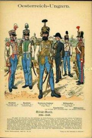 Uniformdarstellung, Hoboisten, Regiments-Tambour, Kapellmeister und Hilfsmusiker verschiedener Infanterie-Regimenter, Hilfsmusiker der Artillerie, Kaiserreich Österreich-Ungarn, 1835/1849.