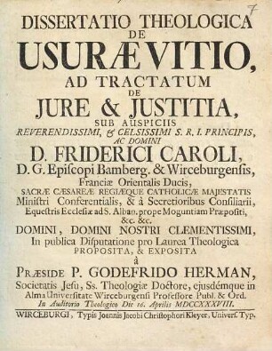 Dissertatio Theologica De Usurae Vitio : Ad Tractatum De Jure & Justitia