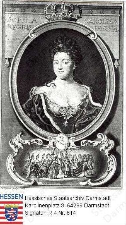 Sophie Charlotte Königin v. Preußen geb. Prinzessin v. Hannover (1668-1705) / Porträt, Brustbild in Medaillon, in unterer Vignette: Krönungsszene