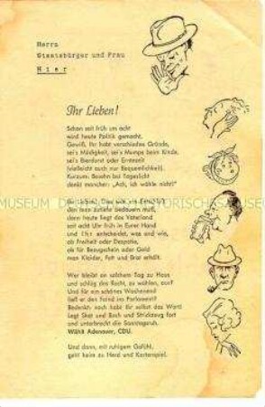 Illustriertes Propagandaflugblatt der CDU zur Bundestagswahl 1949