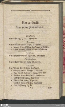Verzeichniß derer Herren Pränumeranten