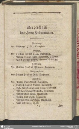 Verzeichniß derer Herren Pränumeranten