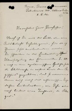 Nr. 1: Brief von Walther Amelung an Ulrich von Wilamowitz-Moellendorff, Rom, 8.3.1906