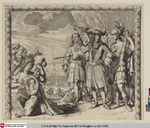 [Wilhelm III v. Oranien, König v. England, erhält d. Bild s. Zukünftigen; Allegorie auf die Ankunft Willems III mit der holländischen Flotte in England; Allegory in Honour of the Entry of William III in England. 1688; Allegory on the Arrival of Willem III with Dutch Fleet in England - 1688]