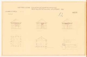 Wettbewerb Dauerkleingartenanlage, Reichsgartenschau 1939, Stuttgart: Grundriss, Ansichten, Querschnitt 1:50, Detail 1:10