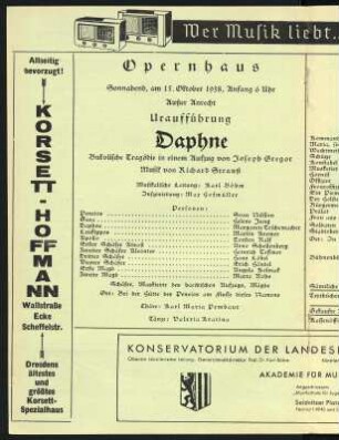 Besetzungszettel zur Uraufführung "Daphne" von Richard Strauss am 15. Oktober 1938 (mit Erstaufführung seines Einakters "Friedenstag"). Sächsische Staatsoper Dresden unter Leitung von Karl Böhm. Innenblatt links in: Programmheft Sächsische Staatstheater, Opernhaus Dresden. Druck; 21,1 x 14,8 cm. Dresden: SLUB Z. 4. 7-1938