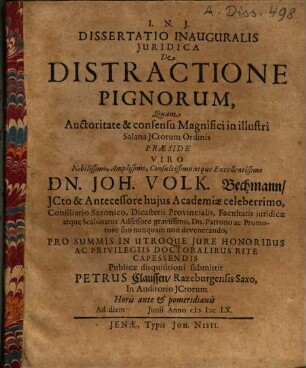 Dissertatio Inauguralis Juridica De Distractione Pignorum