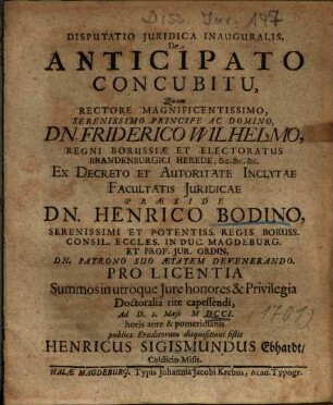 Disputatio Juridica [Iuridica] Inauguralis, De Anticipato Concubitu