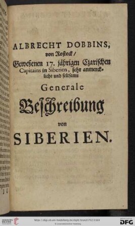 Albrecht Dobbins, von Rostock [...] Generale Beschreibung von Siberien
