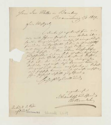 Brief von Carl Wilhelm Ramdohr von Braunschweig Schenk'sche Kunsthandlung an Joseph Heller