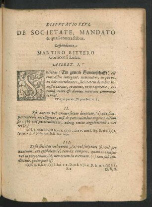 Disputatio XXVI. De Societate, Mandato & quasi contractibus. Respondente Martino Rittero