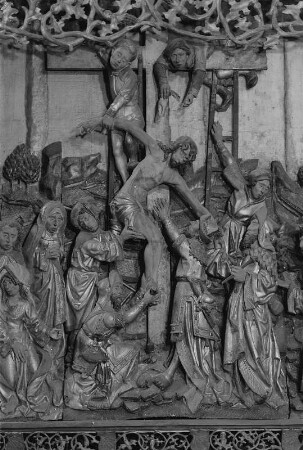 Stralsund. St.-Nikolai-Kirche, Bürgermeister-Altar (um 1500), Mitteltafel mit Kreuzabnahme