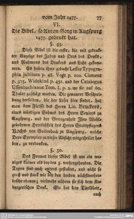 VI. Die Bibel, so Anton Sorg in Augspurg 1477. gedruckt hat