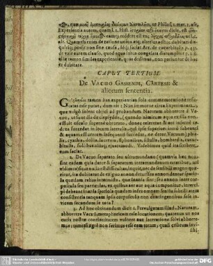 Caput Tertium. De Vacuo Gassendi, Cartesii & aliorum sententia