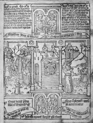 Blockbuchausgabe der Biblia pauperum : Joseph gibt sich den Brüdern zu erkennen, Christus erscheint seinen Jüngern, Heimkehr des verlorenen Sohnes (Seite 32) aus: Blockbuchausgabe der Biblia pauperum. Dresden: SLUB Mscr.Dresd.g.152.d