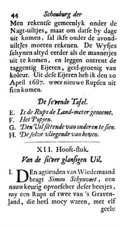 XII. Hooft-stuk. Van de Silver glansigen Uil