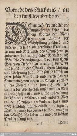 Vorrede des Authoris/an den kunstliebenden Leser.
