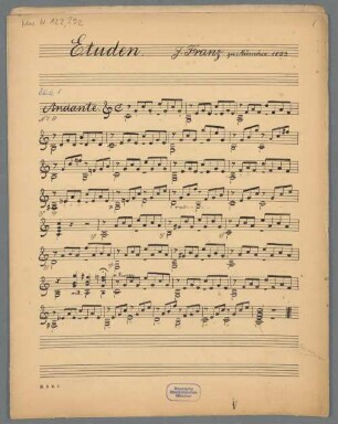 Instrumental pieces, guit - BSB Mus.N. 122,292 : [caption title:] Etuden. J. Franz. zu München 1853
