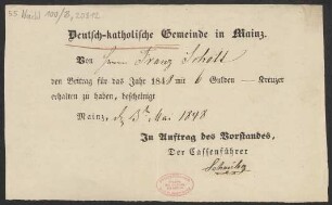 Quittung über die Zahlung des Beitrags von 6 Gulden für das Jahr 1848