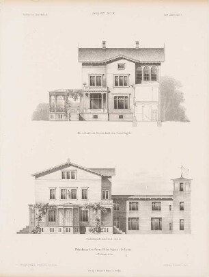 Wohnhaus Felix Coste, St. Louis: Rückansicht, Seitenansicht, Schnitt (aus: Architektonisches Skizzenbuch, H. 86/4, 1867)