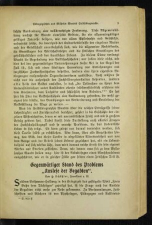Gegenwärtiger Stand des Problems "Auslese der Begabten"