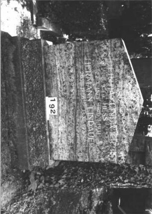 Grabstein 192 (Index: 100082084) Material: Granit Zustand: gut Maße HxBxT: 130x121x27 cm Beschreibung: Stele, breit, getreppter Sockel, giebelartiger Abschluß: Grabstein 192