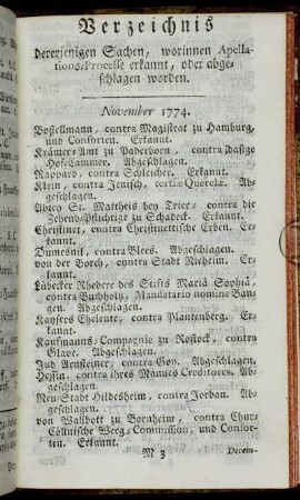 Verzeichnis dererjenigen Sachen, worinnen Apellations-Processe erkannt, oder abgeschlagen worden.