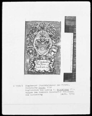 Des Fürstlichen Hochstifts Fulda Staats-und Standskalender auf das Jahr 1792 — Wappen des Domherrn Konstantin Freiherrn von Guttenberg