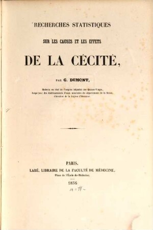 Recherches Statistiques sur les causes et les effets de la cécité