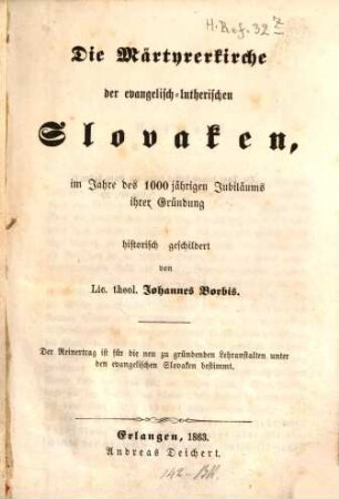 Die Märtyrerkirche der evangelisch-lutherischen Slovaken : im Jahre des 1000jährigen Jubiläums ihrer Gründung
