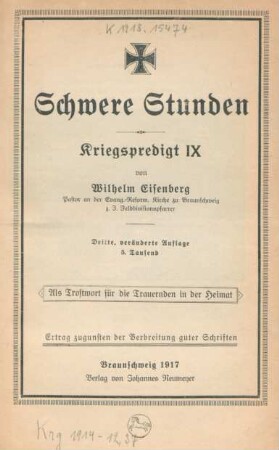 9: Schwere Stunden : ein Trostwort, insbesondere für die Trauernden in der Heimat