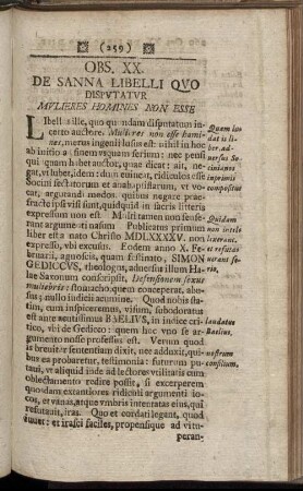 Obs. XX. De Sanna Libelli Quo Disputatur Mulieres Homines Non Esse