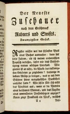Der neueste Zuschauer nach dem Geschmack Rabners und Swifts. Zwanzigstes Stück.