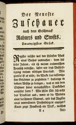 Der neueste Zuschauer nach dem Geschmack Rabners und Swifts. Zwanzigstes Stück.