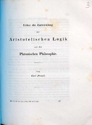 Ueber die Entwicklung der aristotelischen Logik aus der platonischen Philosophie