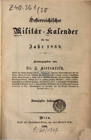 Oesterreichischer Militär-Kalender. 20, 20. 1869