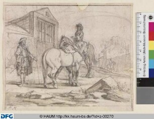 Zwei Pferde mit Reitern vor einem Haus