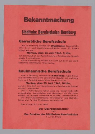 "Bekanntmachung Städtische Berufsschulen Bernburg"