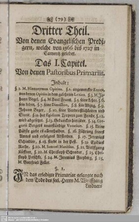 Das I. Capitel. Von denen Pastoribus Primariis