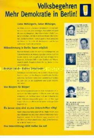 Propagandaflugblatt des Vereins "Mehr Demokratie" für die verfassungsmäßige Einführung von Volksbegehren und Volksentscheiden im Land Berlin