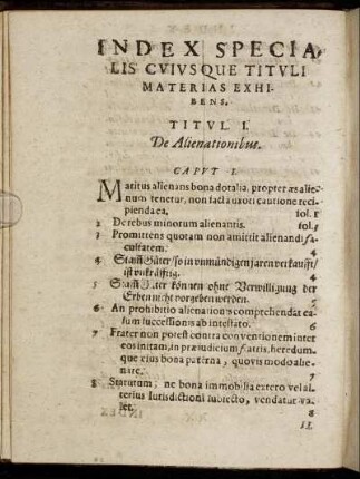 Index Specialis Cuiusque Tituli Materias Exhibens.