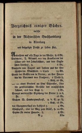 Verzeichniß einger Bücher.