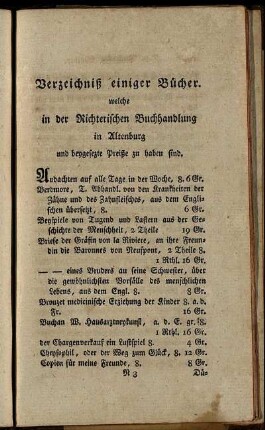 Verzeichniß einger Bücher.