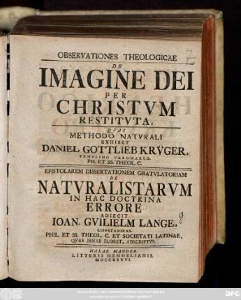 Observationes Theologicae De Imagine Dei Per Christum Restitvta